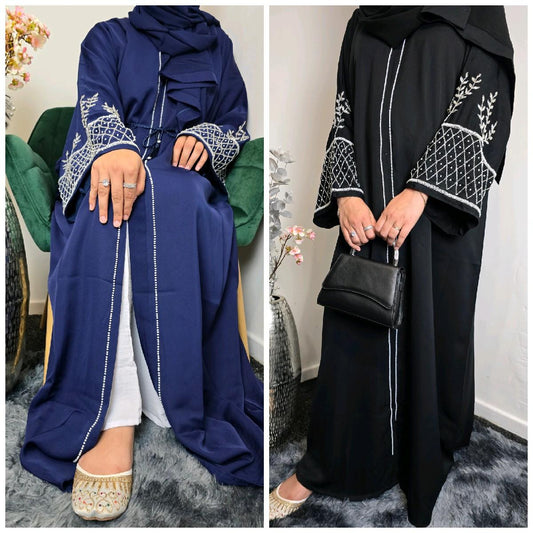 Fatima Abaya-Blue And Black Buttons Front Open Embellished with matching belt and scarf