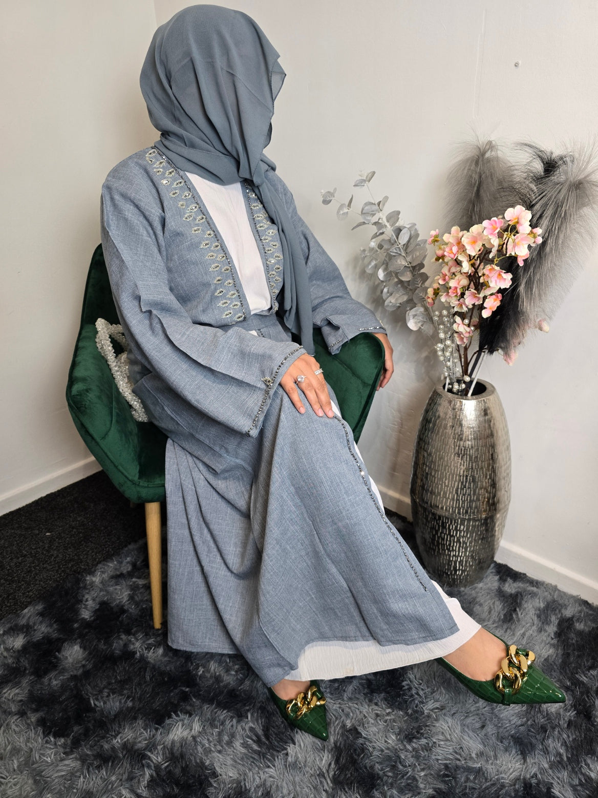 Ayesha Abaya Grey cotton 4pc with matching belt scarf and inner