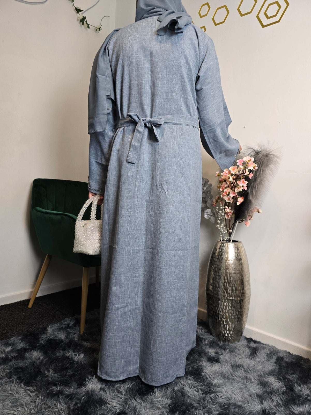 Ayesha Abaya Grey cotton 4pc with matching belt scarf and inner