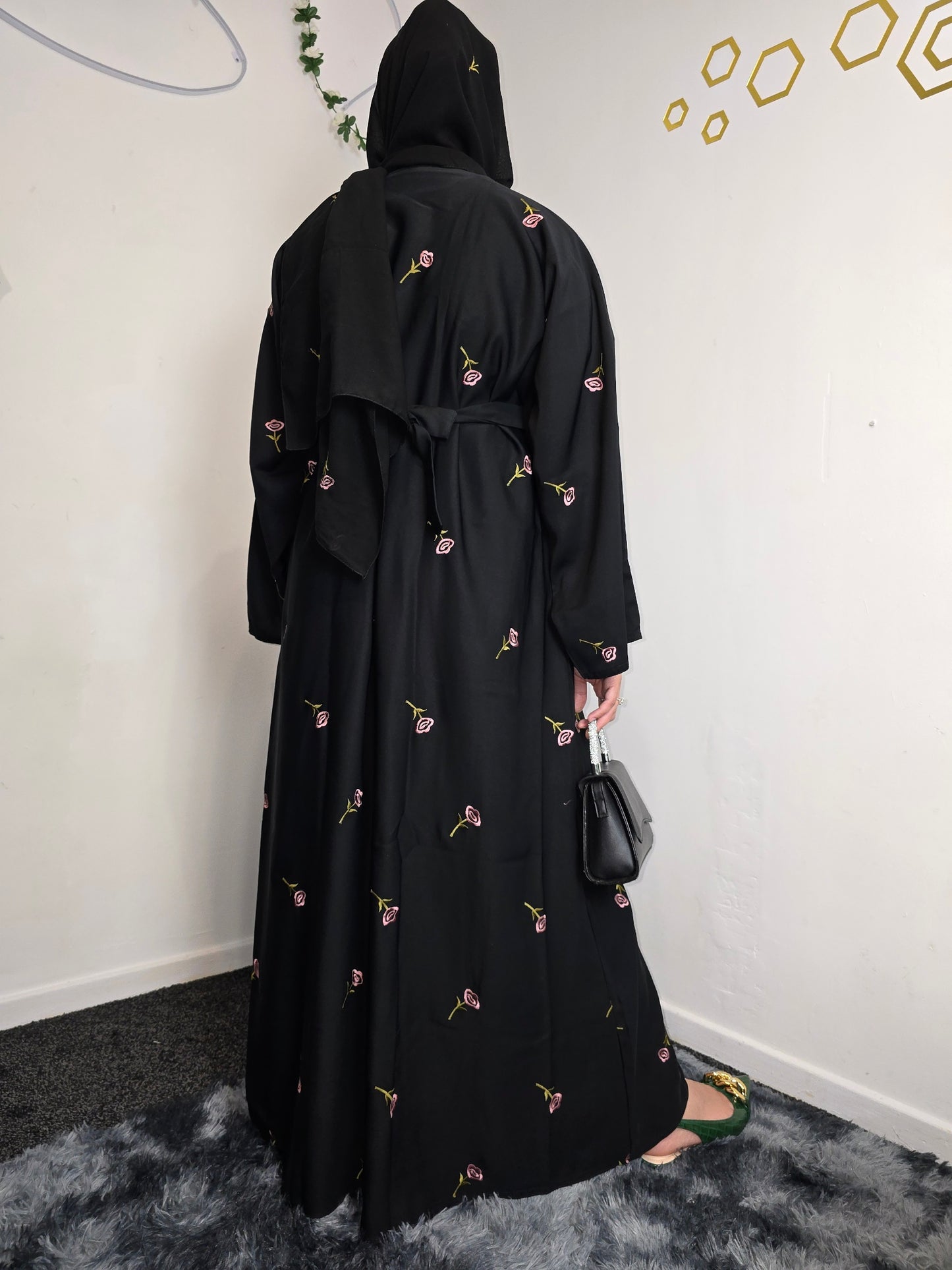 Black Open Front Plain Nida Flowers Embroidered Abaya