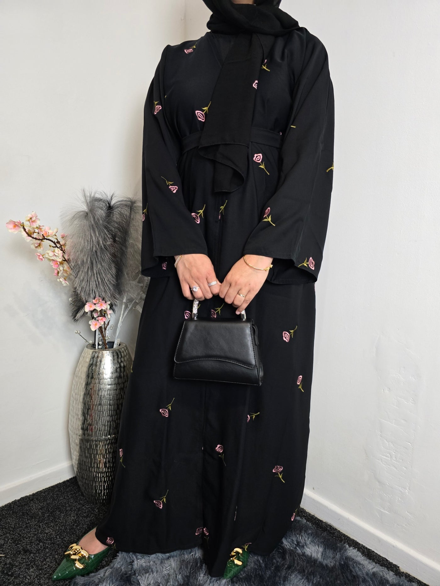 Black Open Front Plain Nida Flowers Embroidered Abaya