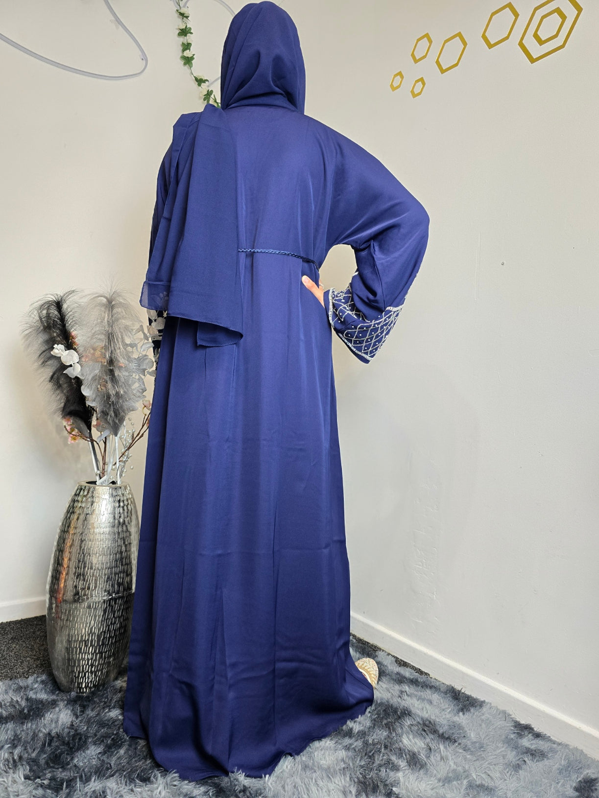 Fatima Abaya-Blue And Black Buttons Front Open Embellished with matching belt and scarf