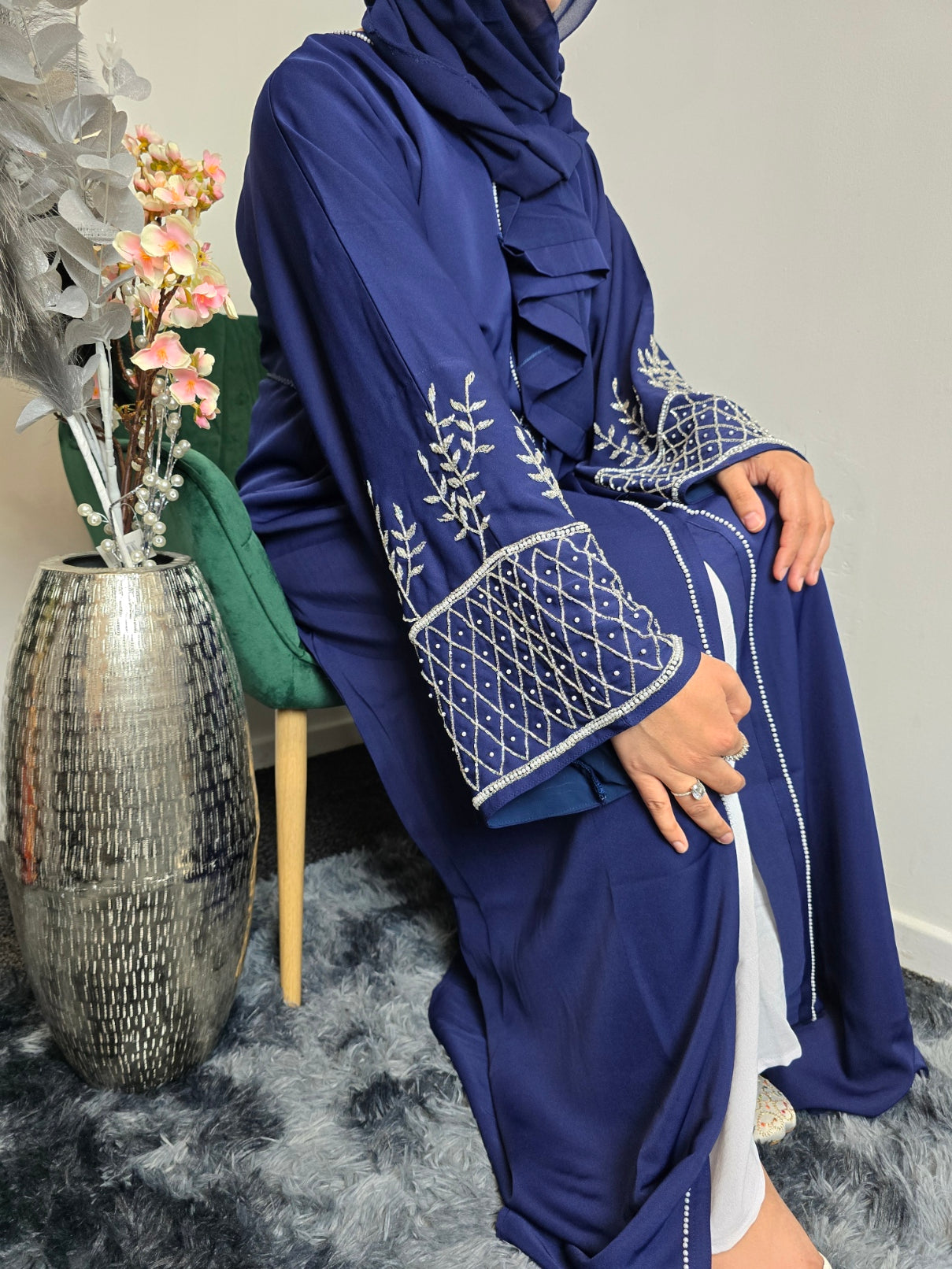 Fatima Abaya-Blue And Black Buttons Front Open Embellished with matching belt and scarf