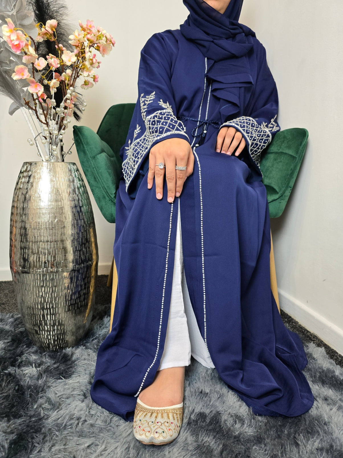 Fatima Abaya-Blue And Black Buttons Front Open Embellished with matching belt and scarf