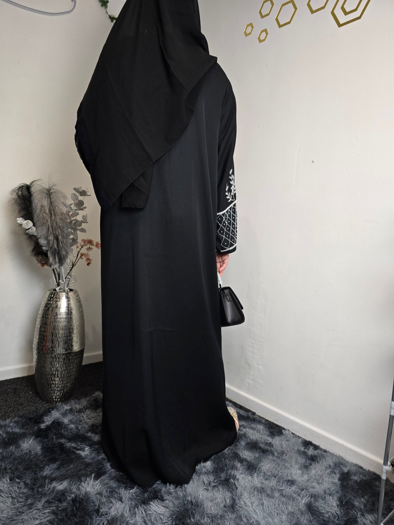 Fatima Abaya-Blue And Black Buttons Front Open Embellished with matching belt and scarf