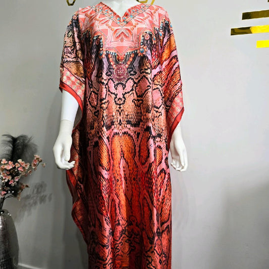 Summer Beautiful Satin Printed Kaftan design Dress One-size to fit all (3 colours) Elegant Casual Wear