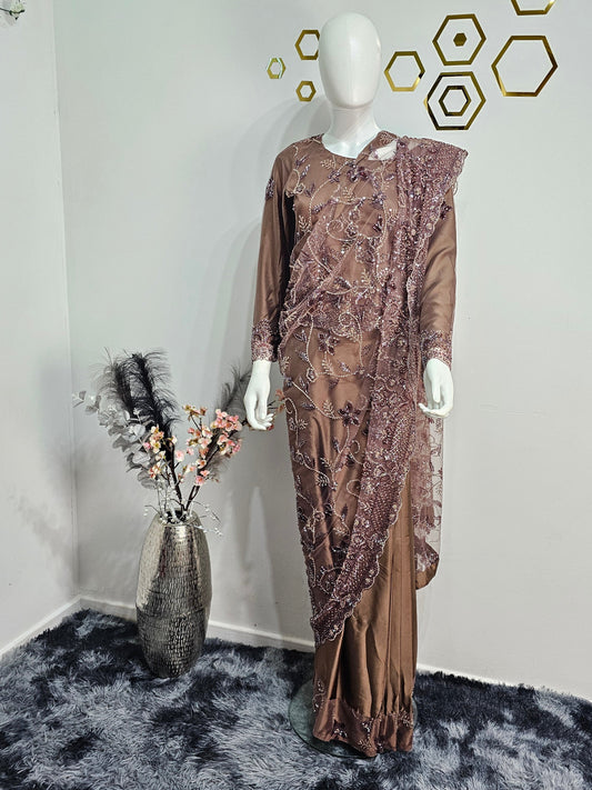 Ready Made Saree Elegant Brown colour with Heavy Beads Work