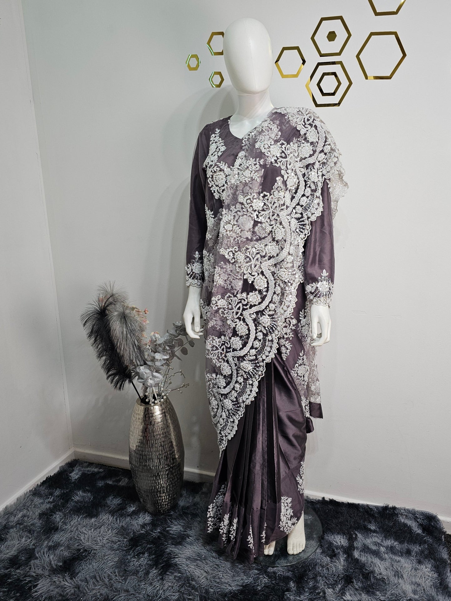 Ready Made Saree Dark Purple with White Beads Work