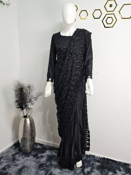 Elegant Black Ready-Made Saree Featuring Intricate Beadwork.