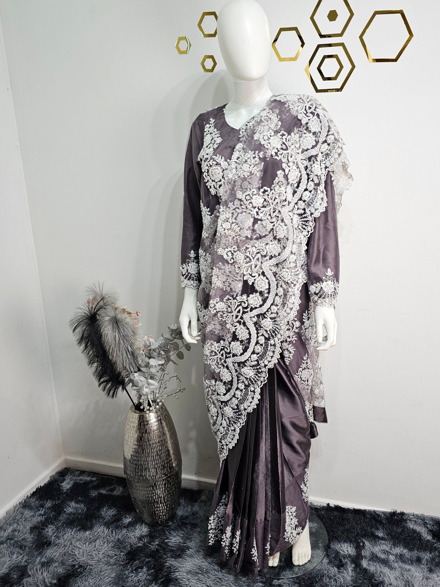 Ready Made Saree Dark Purple with White Beads Work