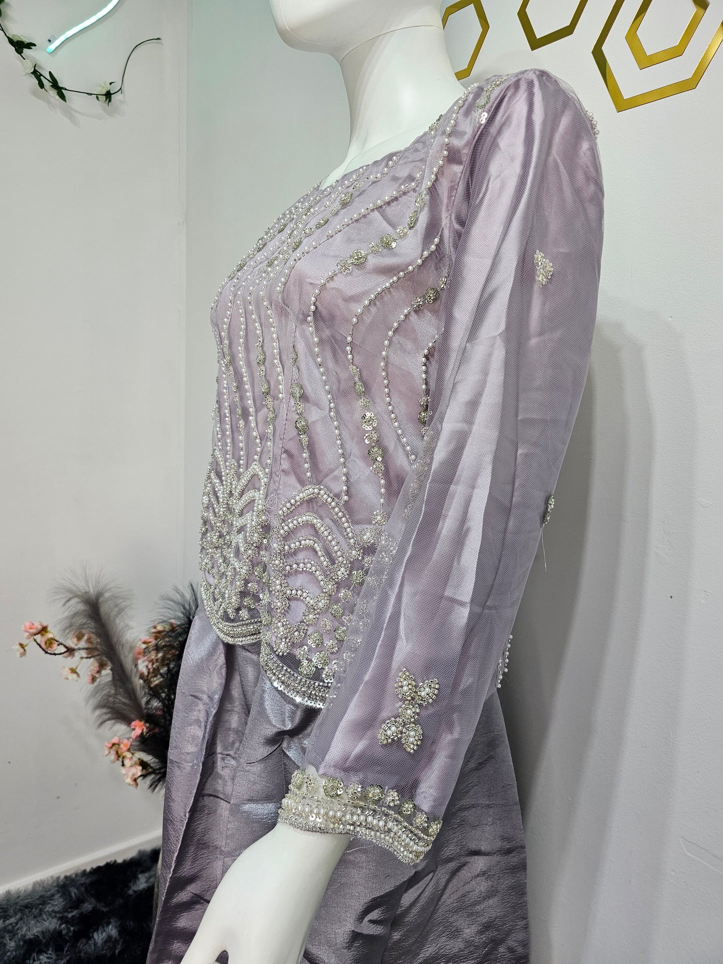 Ready Made Saree Lilac Colour with White Beads Work