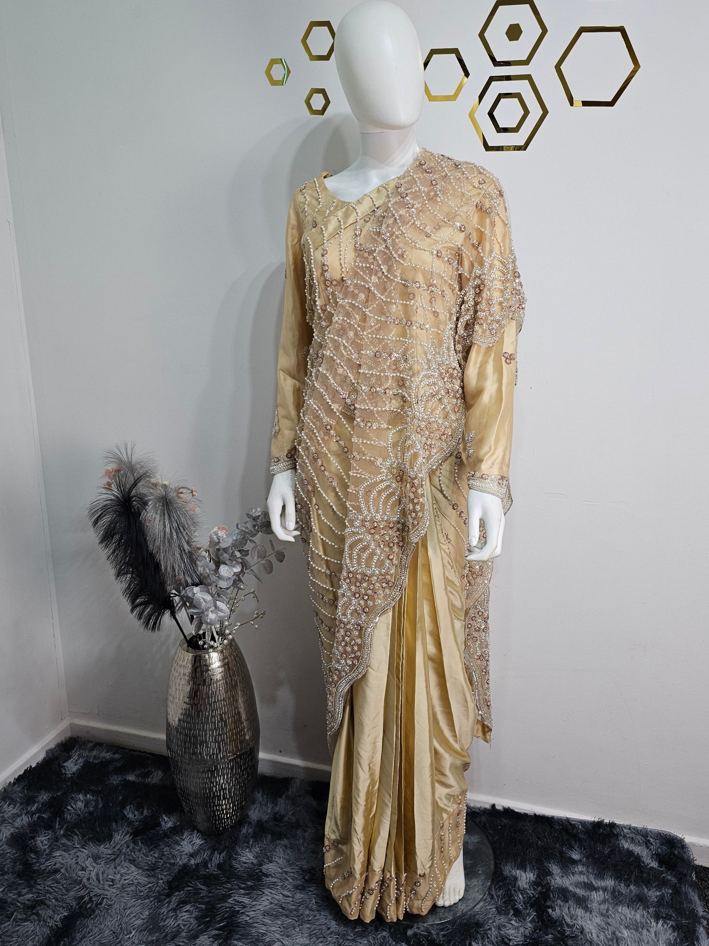 Ready Made Saree Gold colour with White Beads work