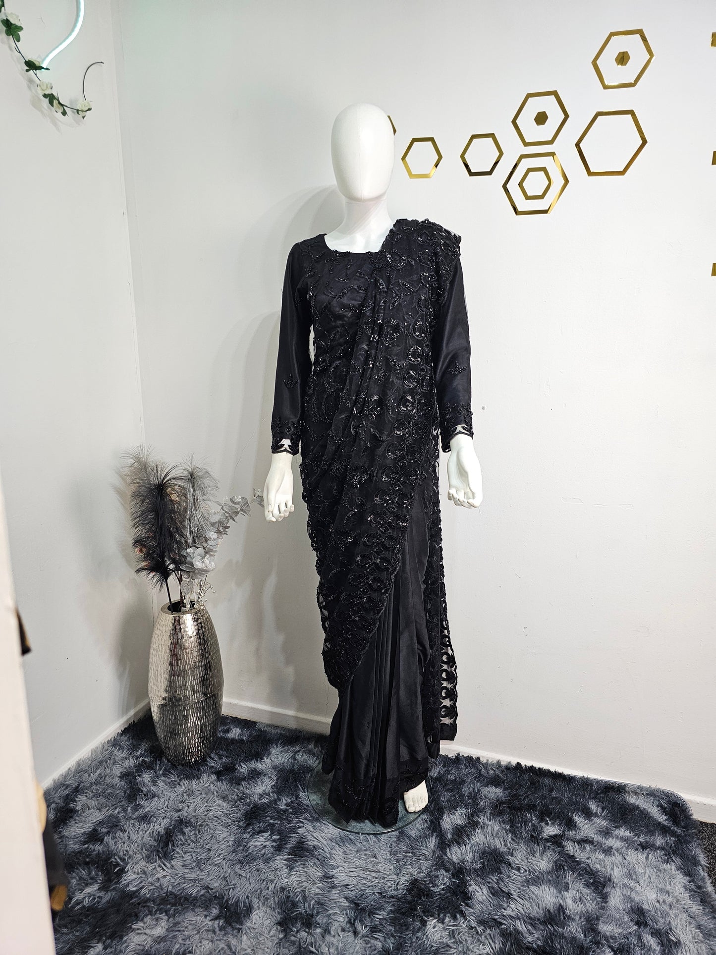 Elegant Black Ready-Made Saree Featuring Intricate Beadwork.