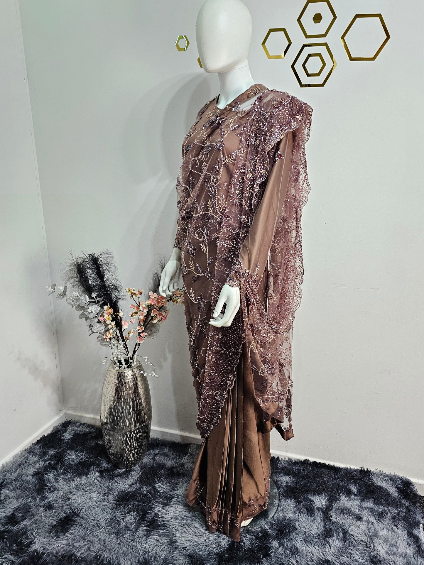 Ready Made Saree Elegant Brown colour with Heavy Beads Work