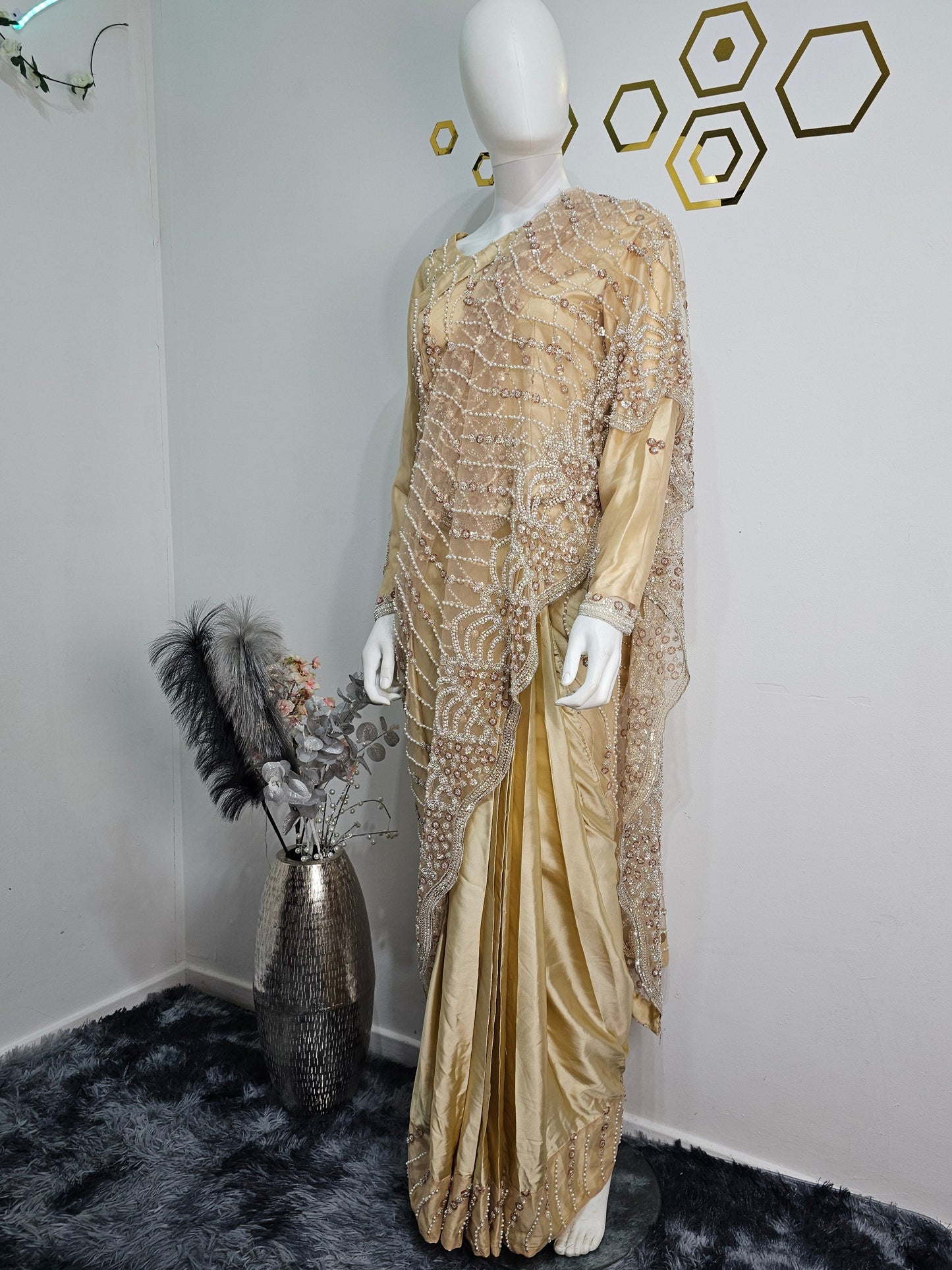 Ready Made Saree Gold colour with White Beads work