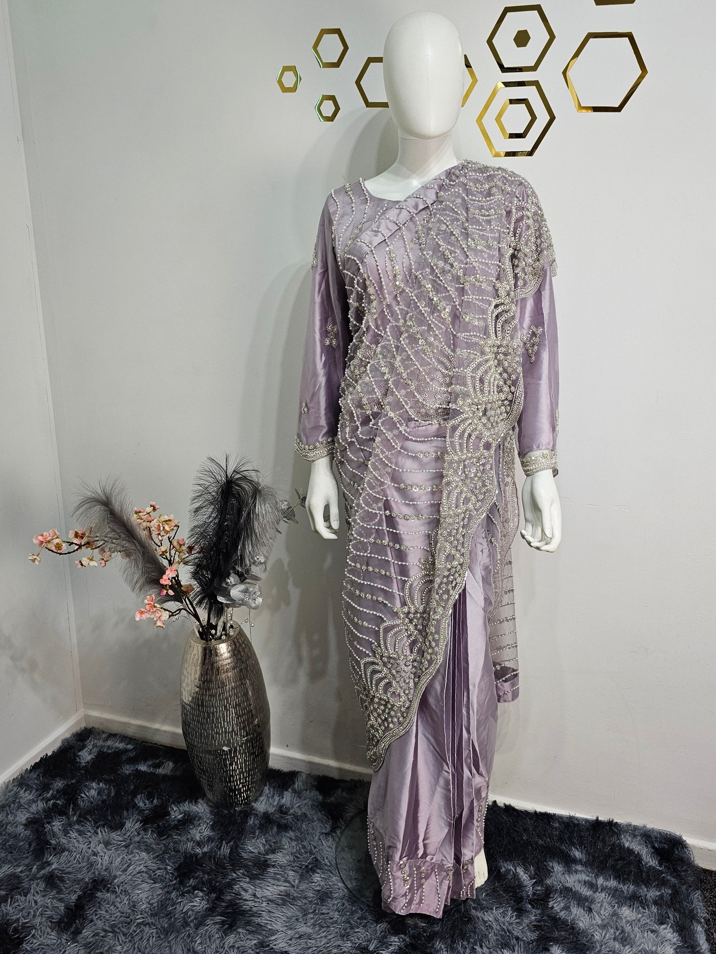 Ready Made Saree Lilac Colour with White Beads Work