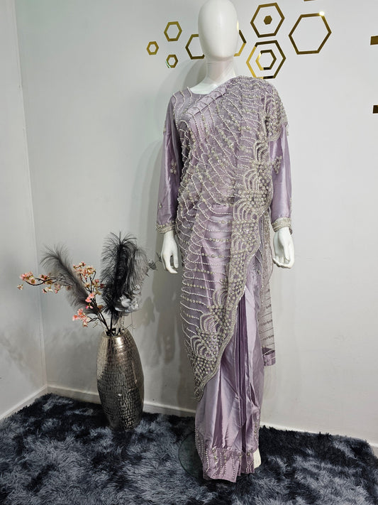 Ready Made Saree Lilac Colour with White Beads Work