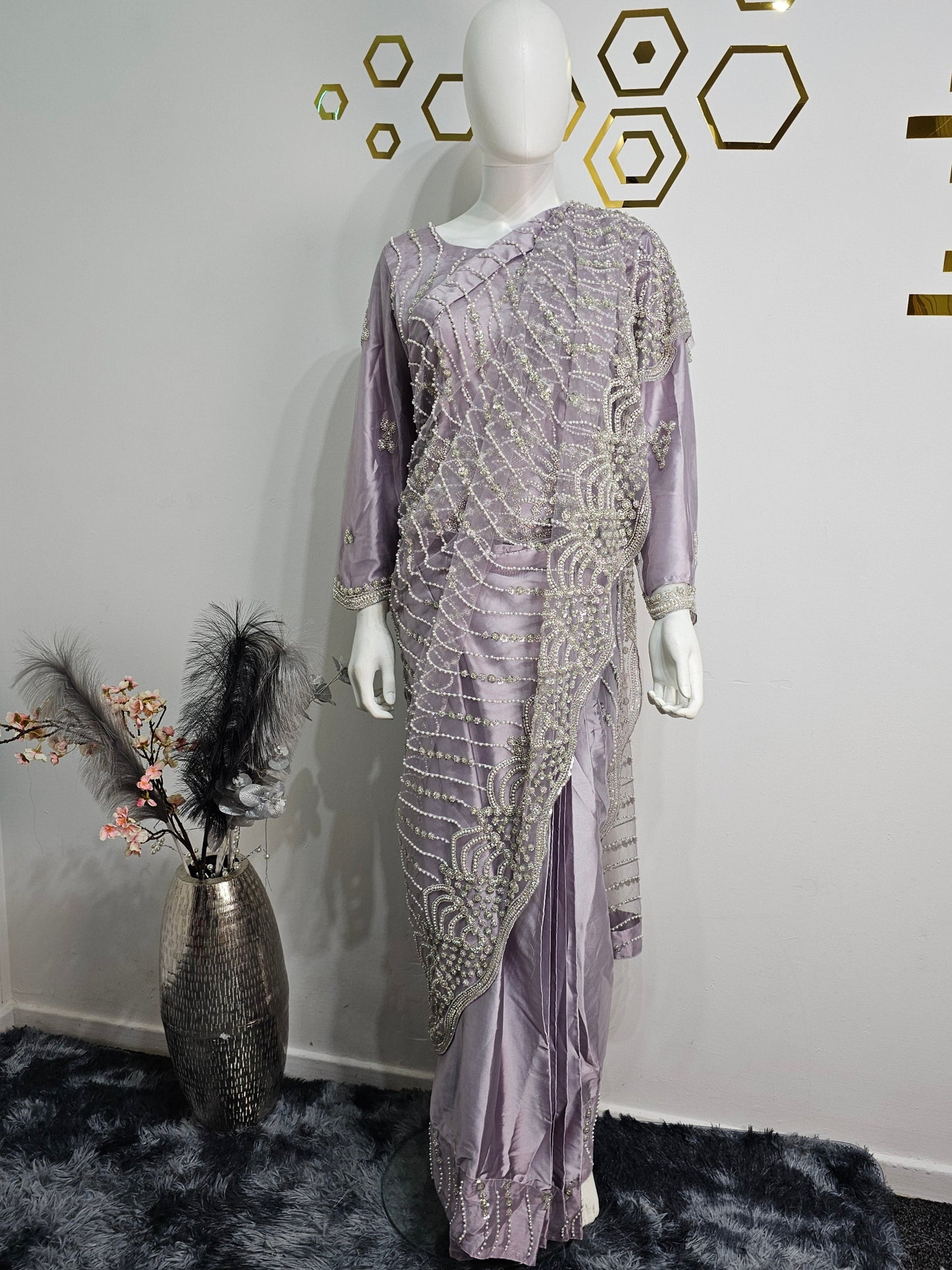 Ready Made Saree Lilac Colour with White Beads Work