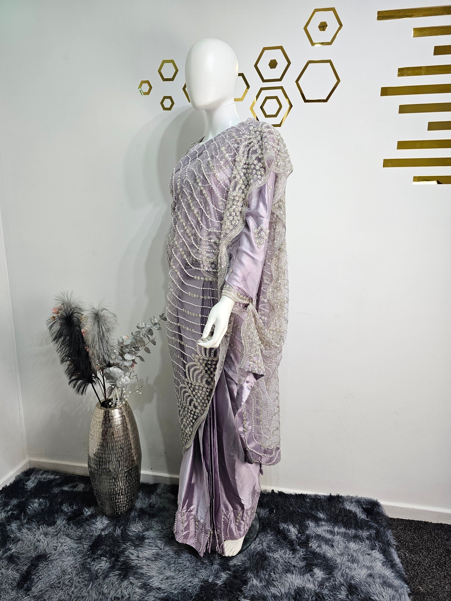 Ready Made Saree Lilac Colour with White Beads Work