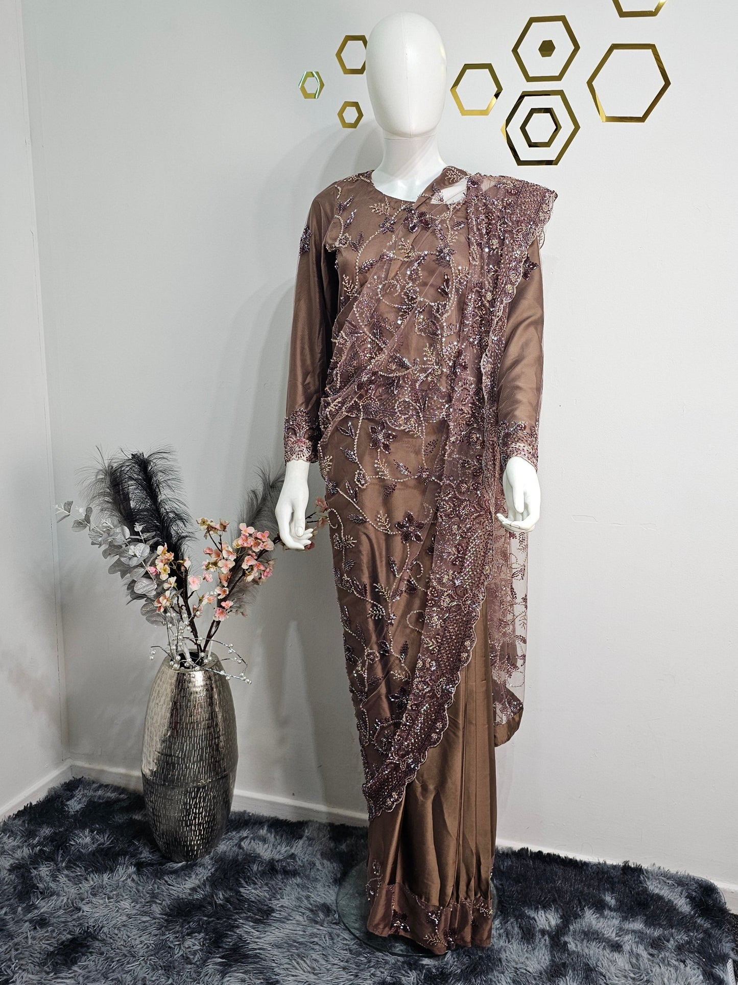 Ready Made Saree Elegant Brown colour with Heavy Beads Work